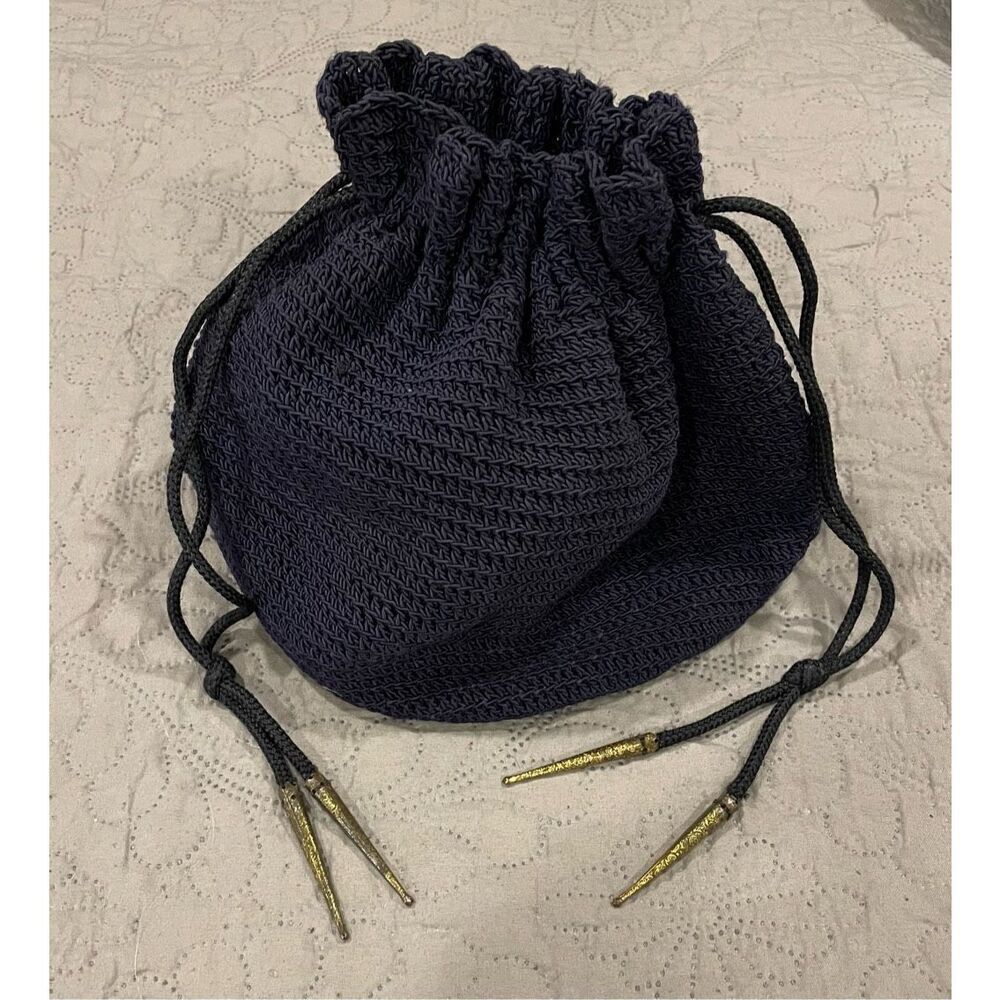 1950’s Vintage Navy Drawstring Crochet Purse Bag Plastic Bottom